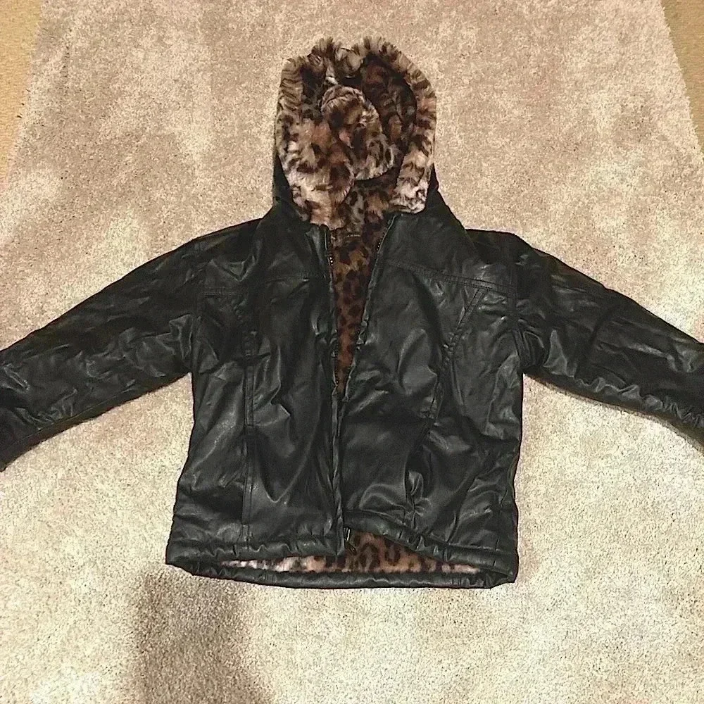 KC Collections Girls Faux Leather Jacket Coat Black Size M Reversible - Picture 1 of 9